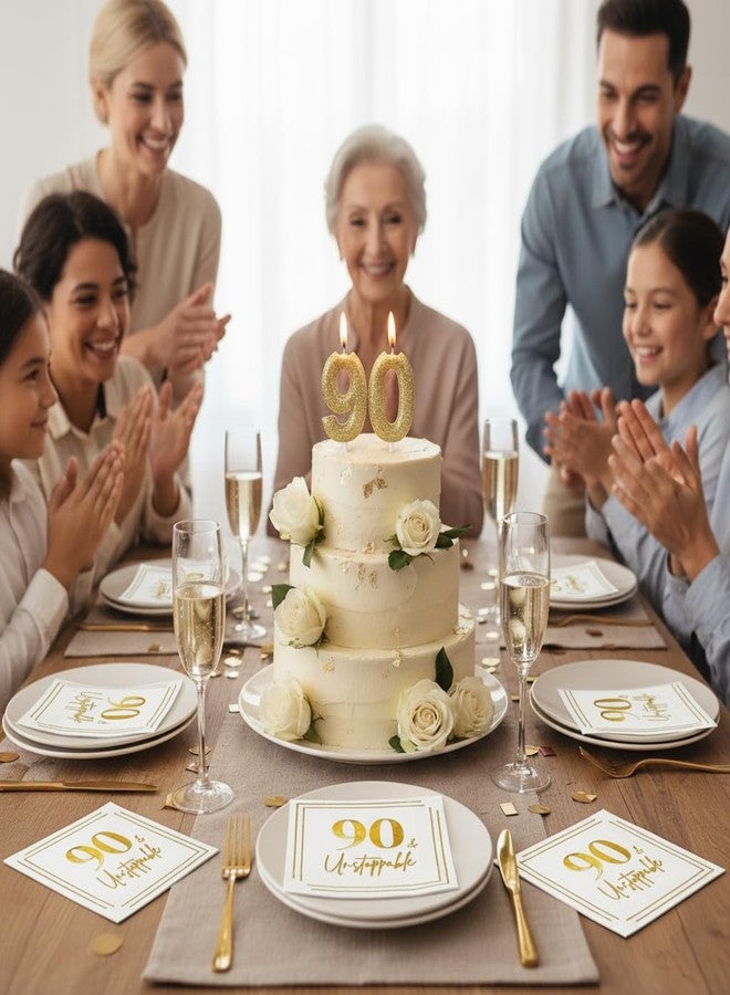 Cloverjoyed 90th Birthday Cocktail Napkins, Gold 90 Years Old Bday Party Decorations, "90 & Unstoppable" Disposable Paper Napkin Decor for Men & Women, Milestone Celebration Fabulous Gift Ideas, 50 Pack - Image 2